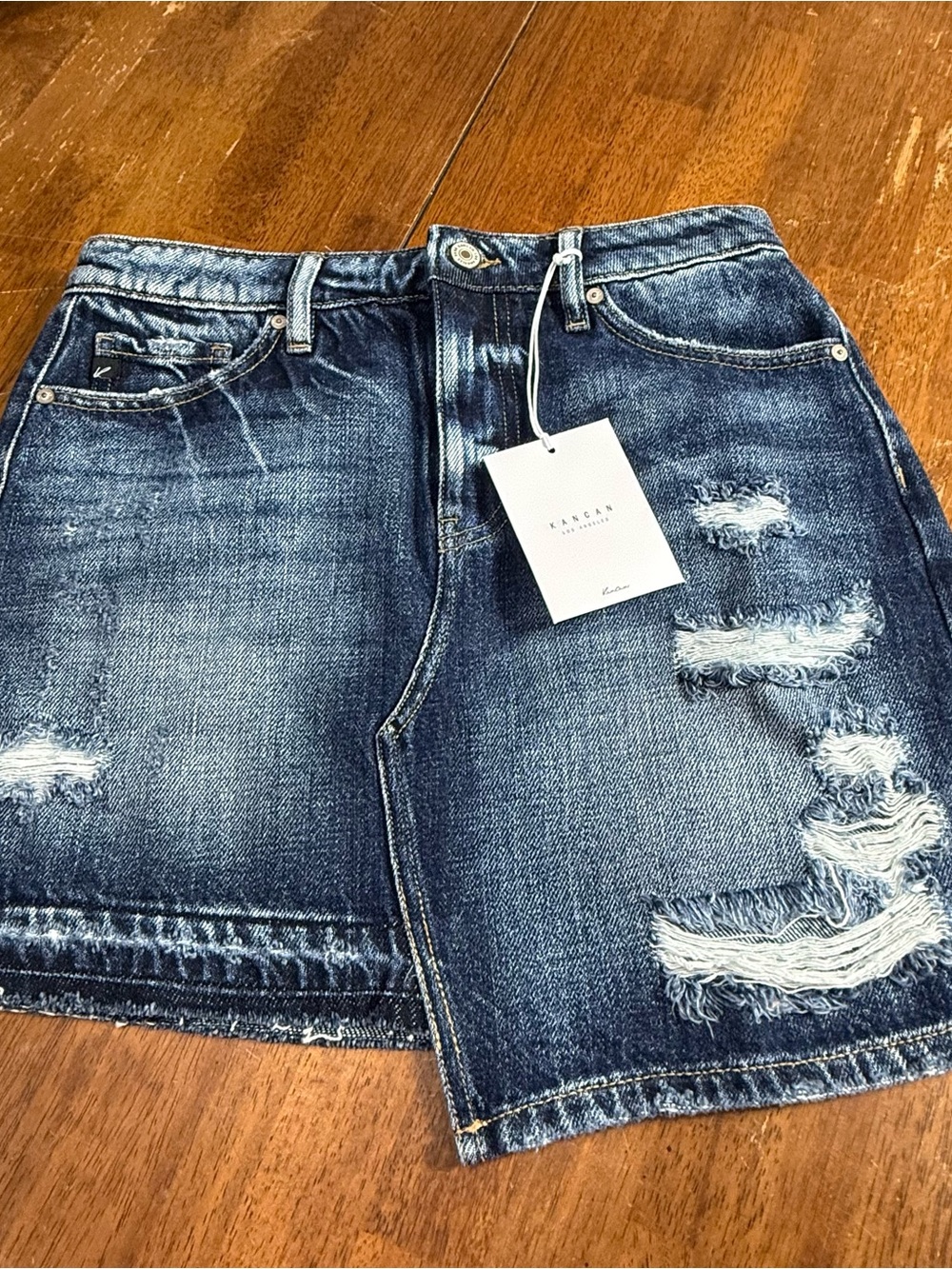NWT Kancan Distressed Denim Skirt Women’s M High Rise Asymmetrical Raw Hem